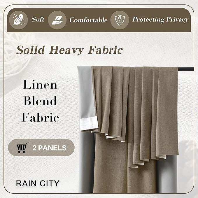 Linen Brown Blackout Curtains 132 Inch Long 11ft Pleated Look Hidden Tab Drapes with Hooks High Living Room Linen Blend Sound Reducing Wall Tall Curtains for High Ceiling Long Window W50xL132