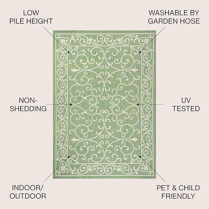 JONATHAN Y Vintage Filigree Indoor Outdoor Area Rug 3X5 Green/Ivory, Charleston Textured Weave for Backyard, Patio, Porch, Easy-Cleaning, High Traffic, Pet-Friendly, Non-Shedding (SMB106K-3)