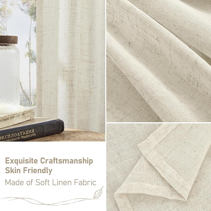LAMIT 102 inch Natural Linen Curtains for Living Room, Cream Ivory Light Filtering Semi Sheer Long Panels Bronze Grommet Boho Neutral Drapes for Bedroom/Farmhouse,2 Panels Set, 52 x 102 Inch