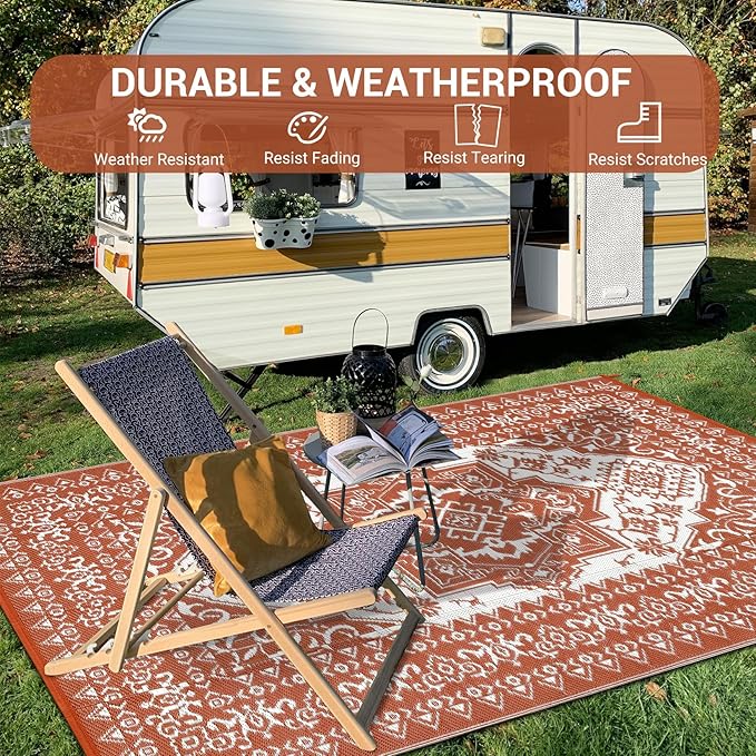 GAOMON Outdoor Plastic Straw Rug 9x12 Waterproof Reversible Patio Rug, Large UV-Resistant Portable RV Camping Mats, Indoor Outdoor Rugs for Outside Deck Front Porch Garden RV, Red & White
