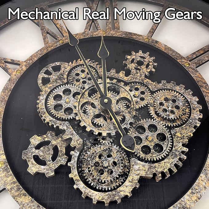 DORBOKER 36" Extra Large Wall Clock with Moving Gears, Oversized Giant Industrial Steampunk Rustic Clocks for Wall Decor Living Room Home Office, Solid Wood Vintage Black and Bronze Gears