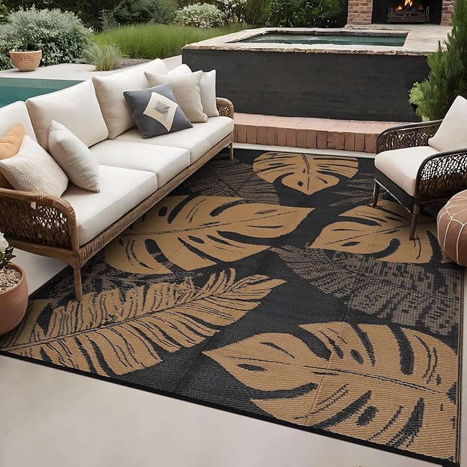 GAOMON Outdoor Rug Waterproof 9x12 Outdoor Plastic Straw Rug for Patio, Reversible Modern Camping Mat with Bag & Stakes, UV Resistant & Easy to Clean Carpet for RV, Deck, Balcony, Porch, Brown