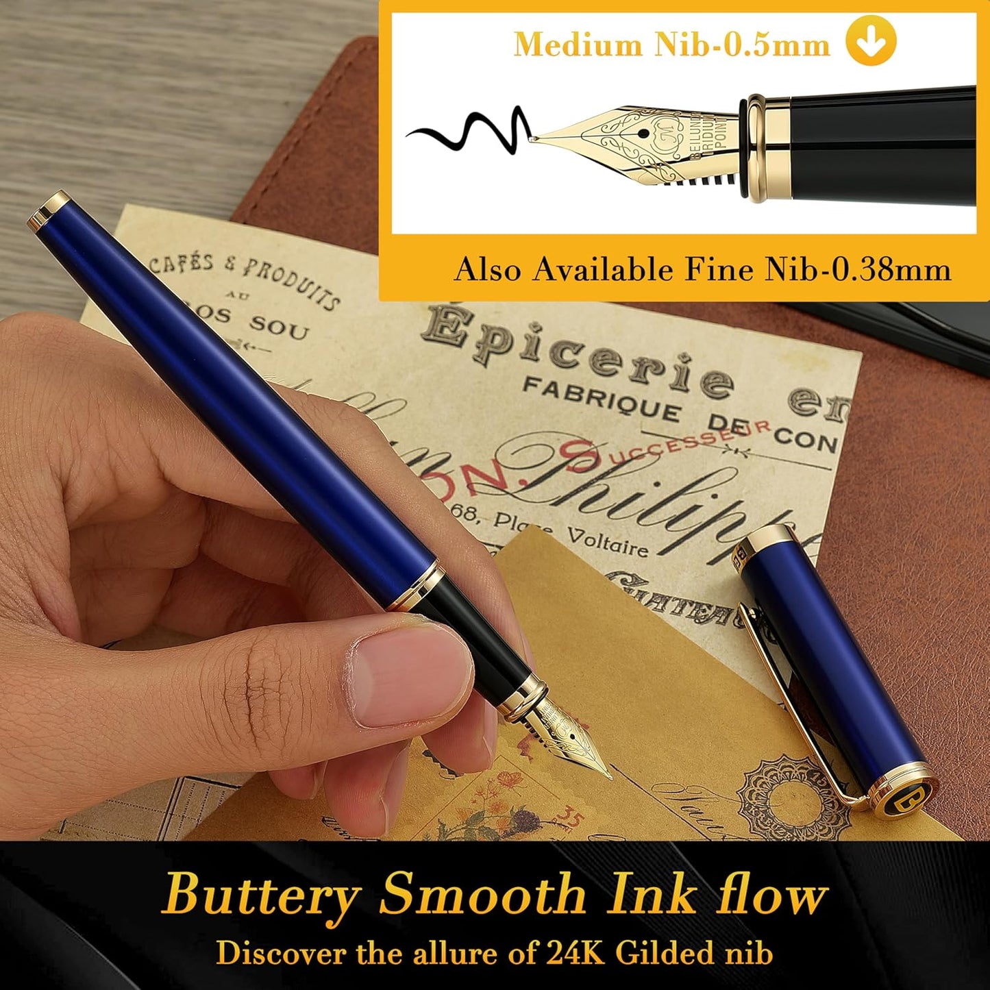 BEILUNER Blue Fountain Pen,Stunning Luxury Pens with 24K Gold Finish, Gorgeous 24K Gilded Nib(Medium), Fancy Pen Gift for Men&Women -Ink Converter-Elegant, Reliable,Nice Pen for Writing