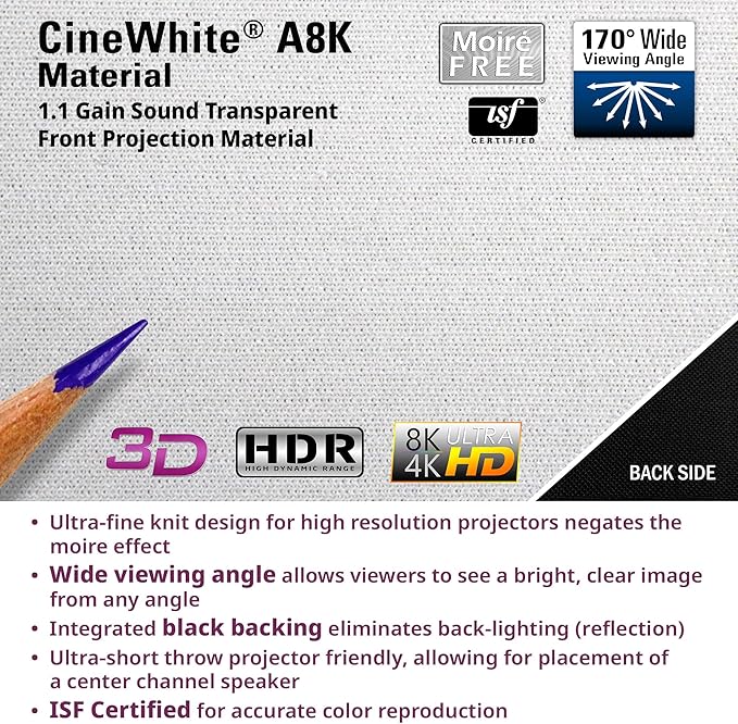 Elite Screens Aeon CineWhite A8K, 103" Diag, 16:9 Aspect Ratio, ISF Certified 8K Ultra HD Home Theater Fixed Frame Edge Free Projection Sound Transparent Perforated Weaved Screen, AR103H-A8K