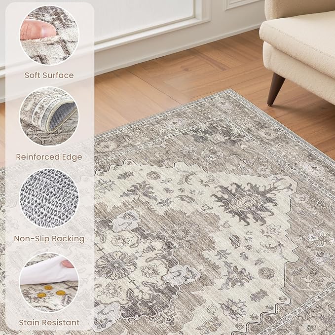 Washable Area Rugs for Living Room -8x10 Neutral Vintage Distressed Floral Farmhouse Boho Large Soft Floor Rug Indoor Non Slip Carpet for Living Room Bedroom Dining Room Office-Brown/Beige