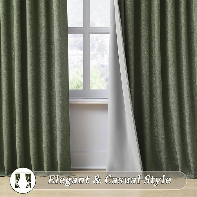 RAIN CITY Dark Olive Green Blackout Curtains Linen 80 Inches Long 2 Panels Set, Back Tab Pleated Look Thermal Insulated Curtains & Drapes for Living Room - Loden/Olive Forest W50 x L80