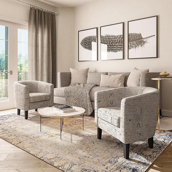 BELLEZE Accent Barrel Chair Set of 2, Linen Round Chair Club Tub Sofa Corner Chair with Flared Legs and Cozy Soft Padding for Living Room Bedroom Waiting Room - Black & Beige