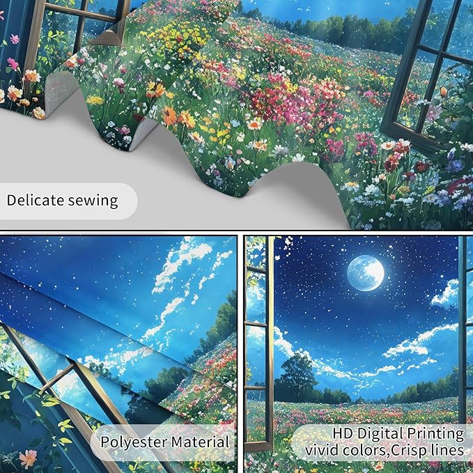 LB Wildflower Moon Tapestry, Green Plant Outside Window and Colorful Floral Wall Tapestry for Bedroom, Garden Wall Art for Living Room Dorm Home Decor Ready to Hanging, 92.5 x 70.9 Inches