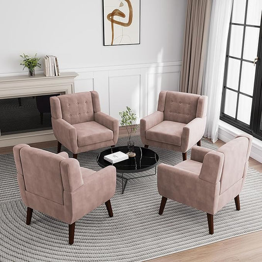 UIXE Accent Chair, Velvet Upholstered Armchair for Living Room, Modern Club Arm Chairs Comfy Single Sofa Button Tufted Bedroom Reading Seat - Skin Pink, Set of 4