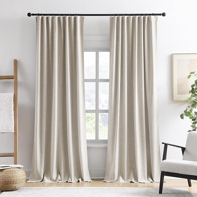 RAIN CITY Linen Blackout Curtains 120 Inches Long 2 Panels,Thermal Rustic Country Curtains for Living Room Large Window Back Tab Pleated Heading Tape with Hooks, Beige 50x120-in,10FT Tall
