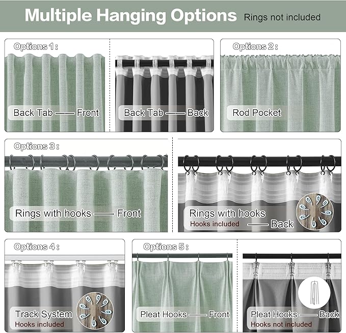 RAIN CITY Light Green Linen Blackout Curtains 72 Inch Long for Living Room,2 Panels Pinch Pleated Drape with Hooks Back Tab Boho Decor, Textured Full Black Out Curtains for Bedroom 50 x 72