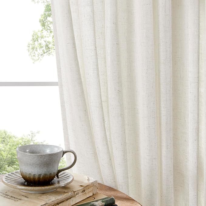Joydeco Light Filtering Curtains 96 Inch Length for Bedroom, Linen Curtains 96 Inch Length 2 Panels Set for Living Room，White Semi Sheer Drapes 96 Inches Long with Rod Pockets