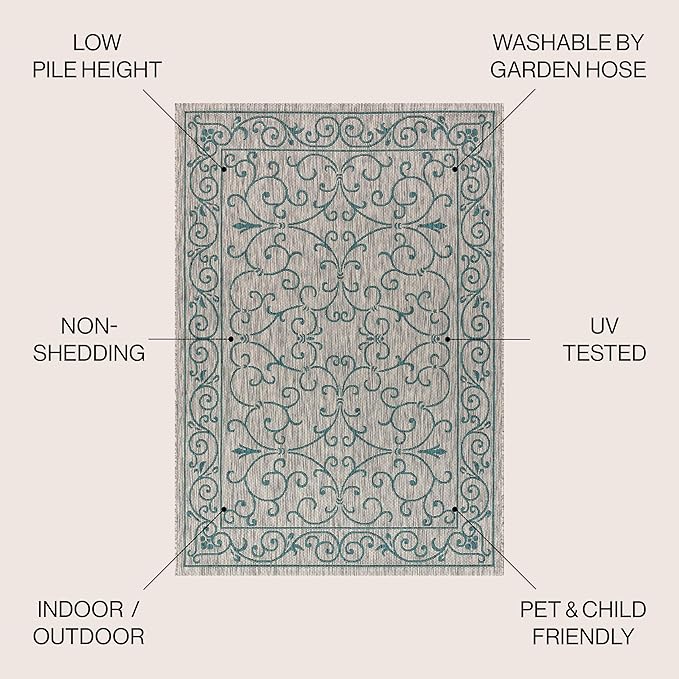 JONATHAN Y Vintage Filigree Indoor Outdoor Area Rug 10X14 Gray/Teal, Charleston Textured Weave for Backyard, Patio, Porch, Easy-Cleaning, High Traffic, Pet-Friendly, Non-Shedding (SMB106E-14)