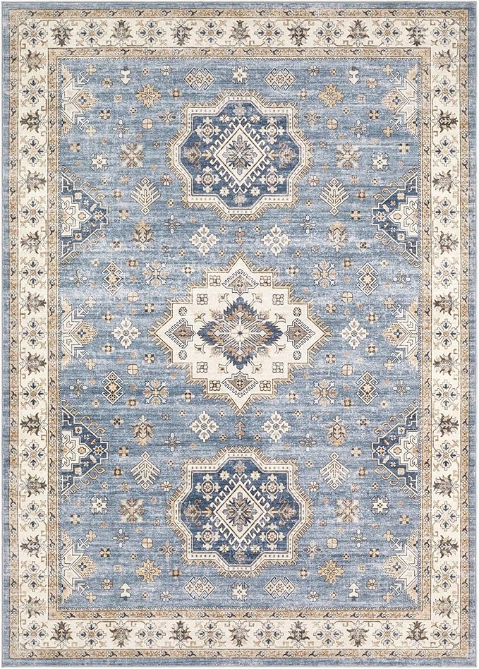 Washable Area Rugs for Living Room -10x12 Neutral Vintage Distressed Floral Farmhouse Boho Large Soft Floor Rug Indoor Non Slip Carpet for Living Room Bedroom Dining Room Office - Blue