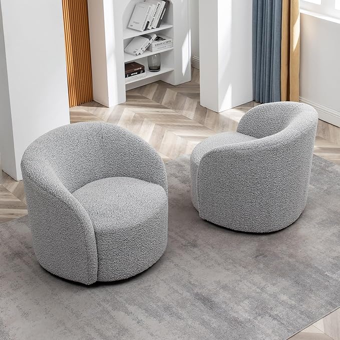 KINWELL 34" W Swivel Barrel Chair Set of 2, Mid Century Modern Round Upholstered Boucle Swivel Accent Chairs, No Assembly Sofa Chair for Living Room Bedroom Reading, Black White
