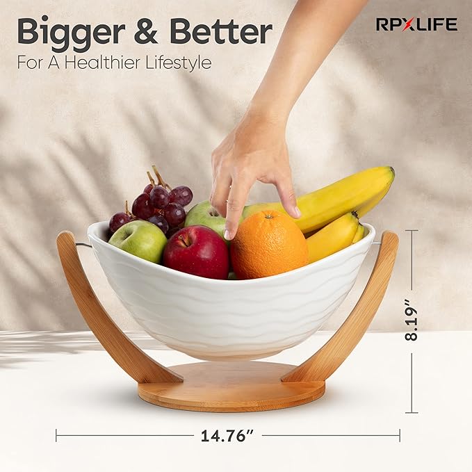 Ceramic Fruit Bowl for Kitchen Counter - 13" Modern Fruit Holder - Large Fruit Basket for Island - Large Decorative Bowl for Home Decor - Pedestal Bowl - Entryway Bowl for Keys - Extra Large