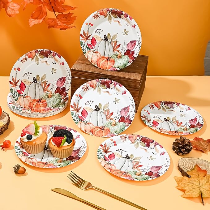 AllReal Fall Pumpkins Paper Plates Rustic Pumpkin Leaves Disposable Party Plate 7" Thanksgiving Autumn Dessert Plate for Birthday Baby Shower Party Supplies Table Decor (48)