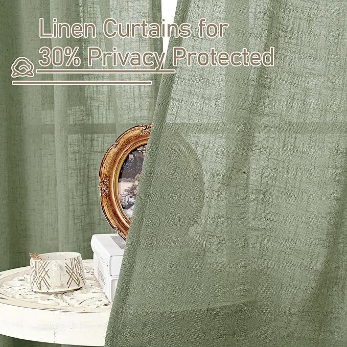 LAMIT Sage Green Linen Sheer Curtains 80 inch for Living Room, Soft Thick Bronze Grommet Light Filtering Boho Window Textured Neutral Drapes for Bedroom Farmhouse, 2 Panels Set, 52 x 80 Inch