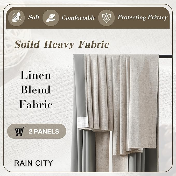 RAIN CITY Linen Beige Linen Blackout Curtains 96 Inches Long 8 FT Tall 2 Panels, Modern Decorative Sound/Draft/Cold/Warm Blocking Heavy Thermal Rustic Country Curtains for Living Room 50x96-in