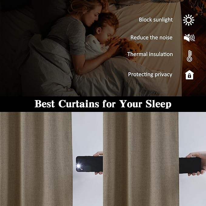 RAIN CITY Linen Brown Extra Long Blackout Curtains 108 Inch Long 9ft, Back Tab Pleated Look Linen Blended Textured Curtains with Hooks for Living Room Track System(W50xL108 in Length,Linen)