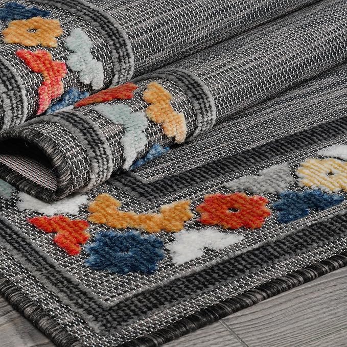 Beverly Rug Outdoor Rug 6x9 Modern Bordered Area Rugs for Indoor and Outdoor Patio Easy to Clean Non Shedding Living Room Porch Garden Washable Outside Carpet (6 x 9 Dark Gray)