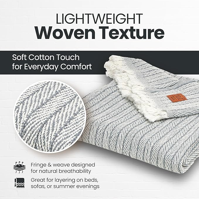 Gold Case Throw Blanket for Couch – 100% Recycled Turkish Cotton Blankets & Throws – Elegant Decorative Throw Blankets for Living Room Sofa – Woven Throws for Couch – Vintage Grey – 50x60