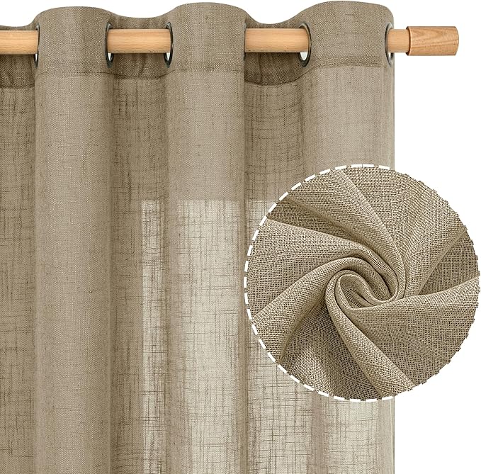 LAMIT Taupe Linen Curtains 72 Inch Length for Bedroom Living Room, Linen Textured Window Drapes Semi Sheer Light Filtering Bronze Grommet Burlap Look Farmhouse Country Decor, 2 Panels, 52 x 72 Inch