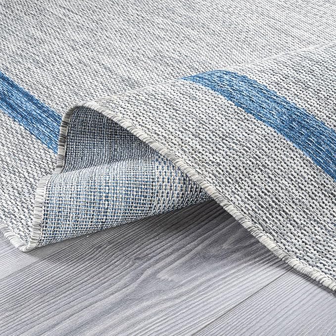 Bordered Outdoor Rug 10x14 Washable Outside Carpet for Indoor Patio Porch Waterproof Easy Cleaning Non Shedding Area Rugs Silver Gray - Blue 10 x 14
