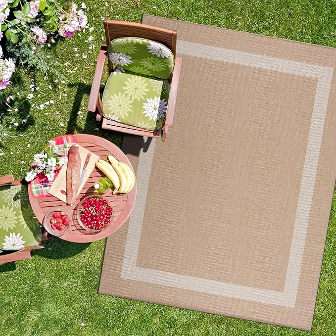 CAMILSON Outdoor Rug 10x14, Large Modern Outside Rugs for Patios Porches Waterproof Durable Washable Non-Shedding, Easy-to-Clean Indoor/Outdoor Area Carpet (10 x 14, Bordered - Beige/White)
