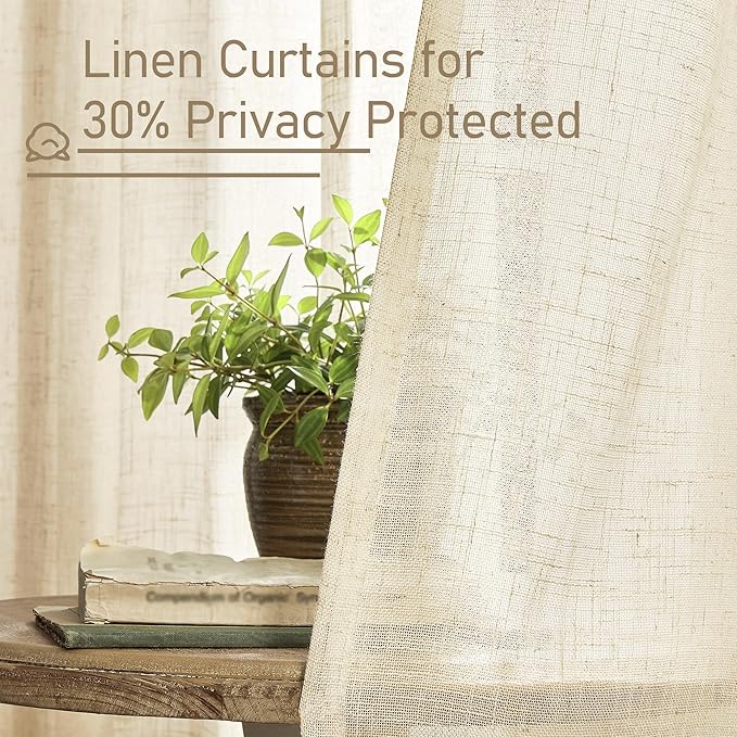 LAMIT Beige Linen Curtains 63 inch Length 2 Panels for Living Room, Bronze Grommet Soft Semi Sheer Light Filtering Window Treatments Neutral Drapes for Bedroom, 52 x 63 Inch, Beige