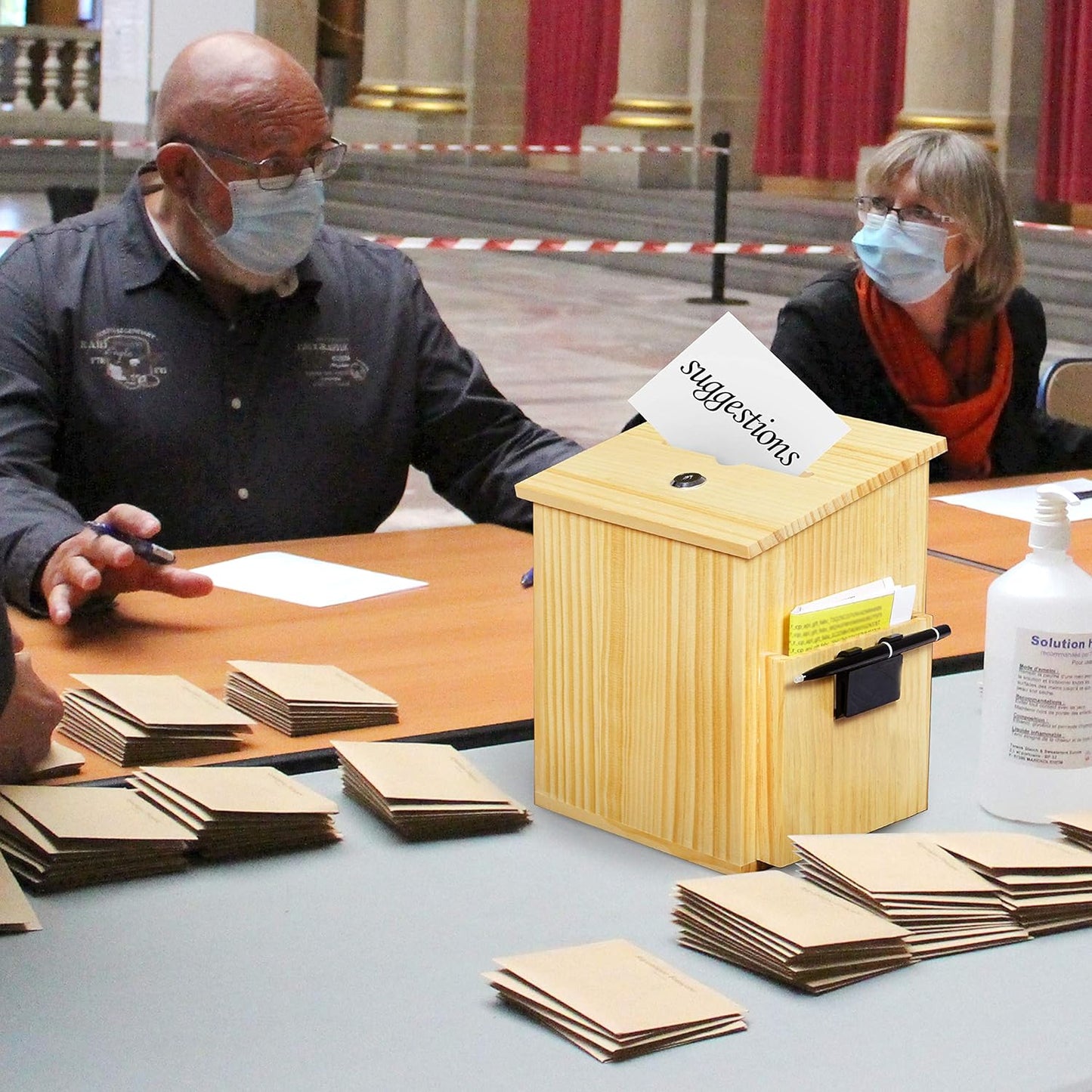 Wood Charity Donation collection Box Office suggestion Ballot Box With wide slot for envelopes and suggestion comment forms, Pocket and Locking Hinged Lid & Pen for Table Or Countertop(Rustic-White)