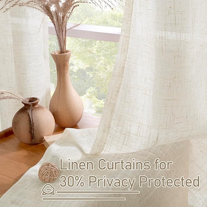 LAMIT Natural Linen Curtains 63 inch Length for Living Room, Boho Semi Sheer Light Filtering Window Textured Neutral Drapes with Bronze Grommet for Bedroom, 2 Panels Set, 60 x 63 Inch