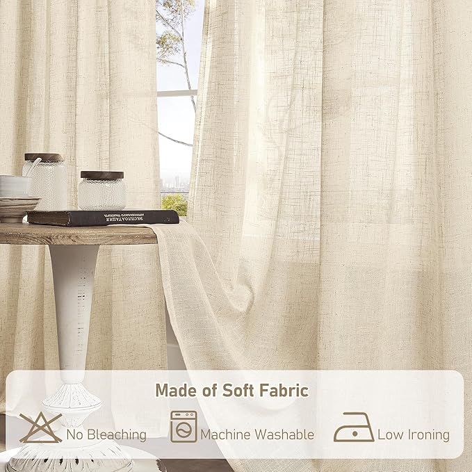 LAMIT Linen Curtains 45 Inch Length 2 Panels Set for Bedroom, Light Filtering Semi Sheer Neutral Short Decorative Window Drapes with Bronze Grommet for Kitchen, 52 X 45 Inch, Linen