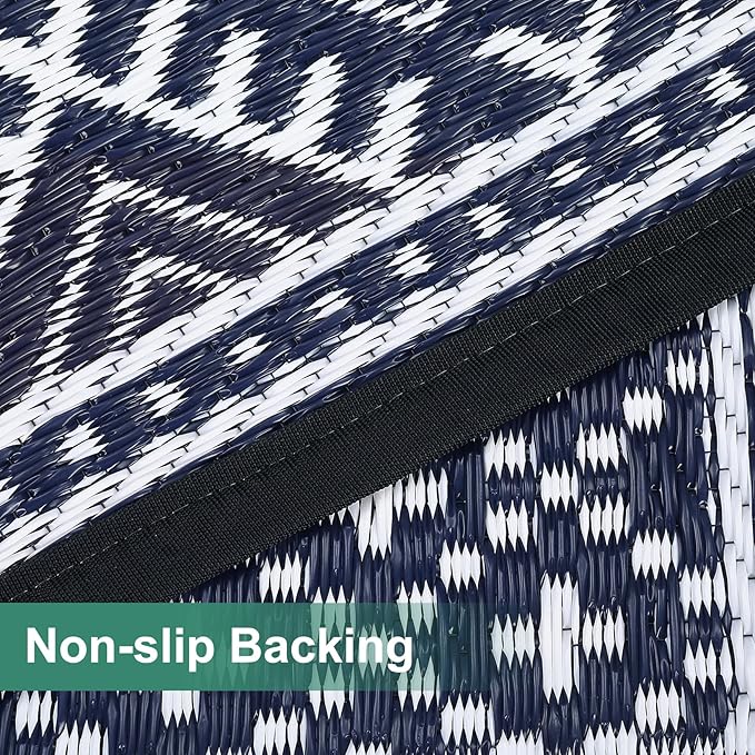 GAOMON Outdoor Rugs Patio Camping Waterproof Rug 6'x9' Plastic Straw Patio Rug Portable for Campers, Outside RVs Mat for Patios Clearance, Backyard Porch, Balcony, Dark Blue/White(Bohemia)