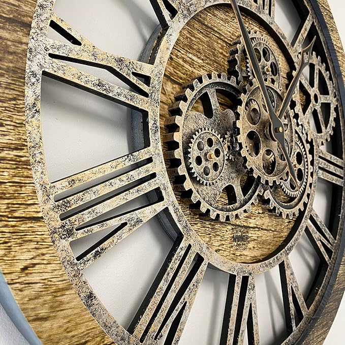 The Gears Clock The Original Real Moving Gear Wall Clock Vintage Industrial Oversized Rustic Farmhouse (24 inch (60cm),Gold Antique)