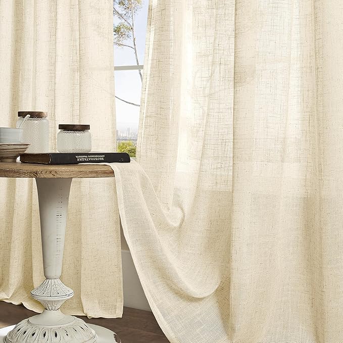 LAMIT 45 Inch Length Linen Curtains for Bedroom, Light Filtering Semi Sheer Neutral Short Decorative Window Drapes with Bronze Grommet for Kitchen,2 Panels Set, 52 X 45 Inch, Beige