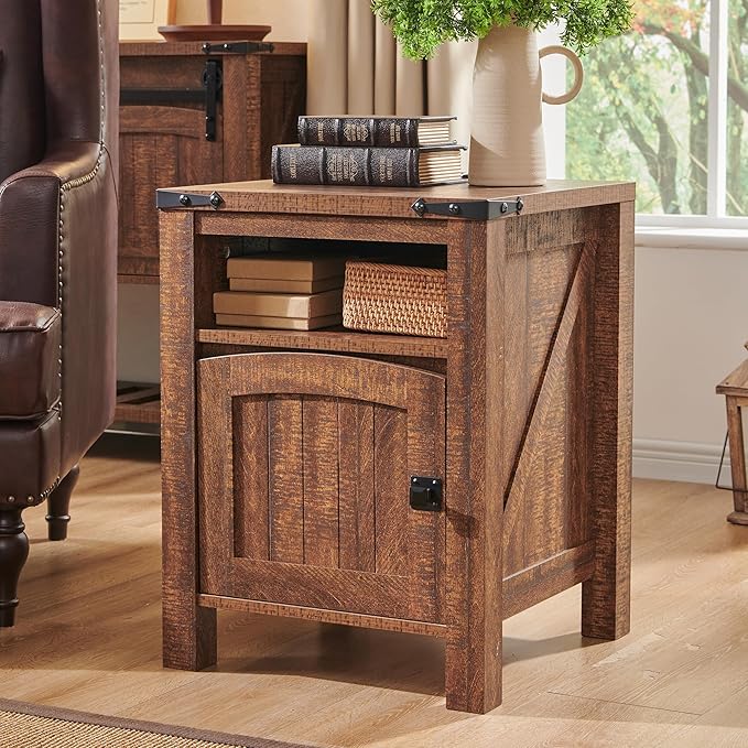 OKD Nightstand with Charging Station Set of 2, 18 Inchs Farmhouse End Table with Adjustable Storage Shelf, Rustic Wood Sofa Side Table for Living Room, Bedroom