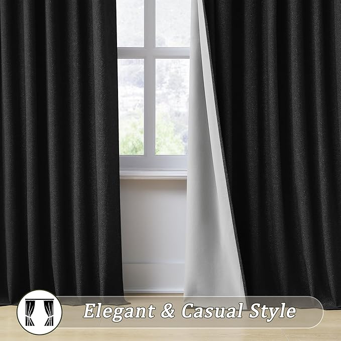 RAIN CITY Blackout Curtains 50 x 84 Inch Long Linen Blend Black Out Curtains 2 Panels Set Burg, Back Tab Rod Pocket Room Darkening Textured Curtain Window Drapes for Bedroom Living Room-Black