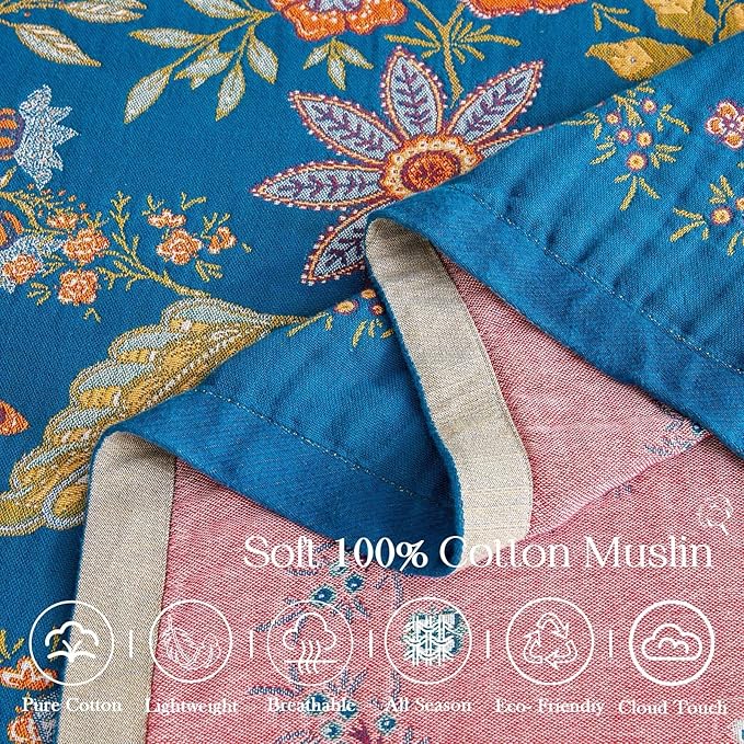 Fall Throw Blanket for Couch, Blue Boho Decorative Throw Blanket, 100% Cotton Muslin Breathable Woven Farmhouse Blankets Quilt, 90"x98" Reversible Lightweight Blankets Bohemian Throw Quilt