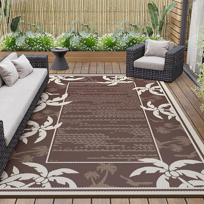 COCOER Outdoor-Rug 6x9 ft Waterproof Reversible Outdoor Plastic Straw Rug RV Indoor Outdoor Carpet Quick Dry Patio Rug Camping Mat for Balcony Backyard Picnic Beach-Brown&Beige