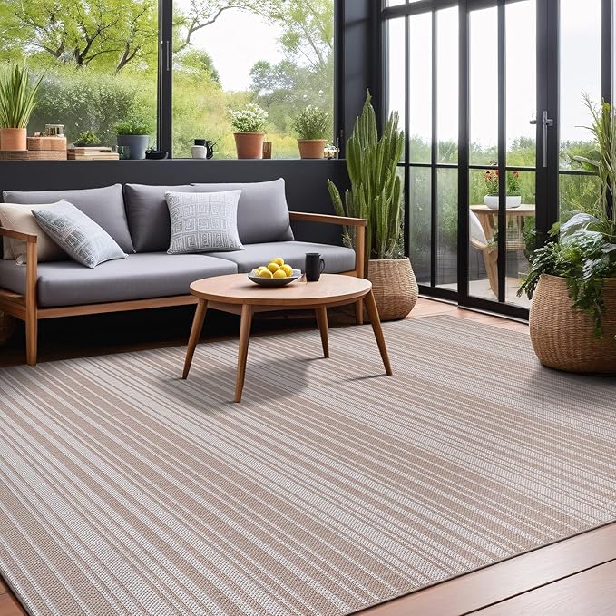 Stripe Outdoor Rug 6x9 Washable Outside Carpet for Indoor Patio Porch Waterproof Easy Cleaning Non Shedding Area Rugs Beige 6 x 9