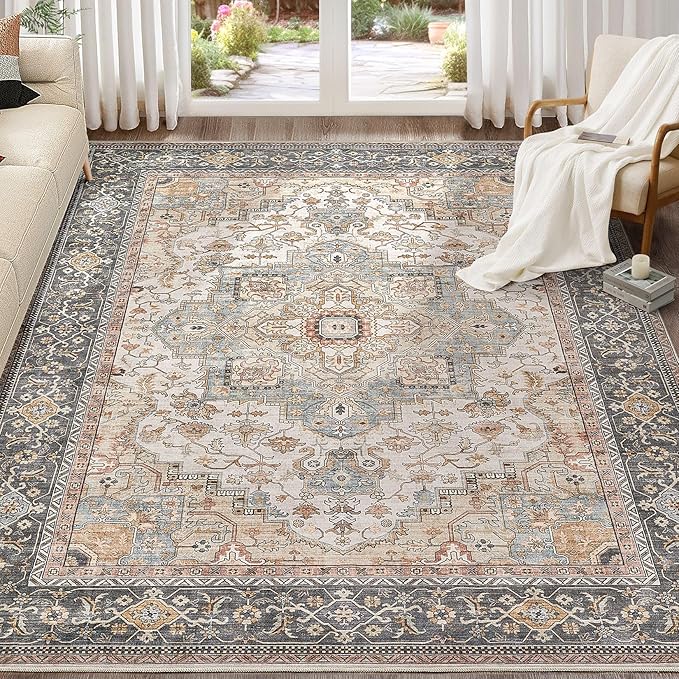 Washable Area Rugs for Living Room - 8x10 Neutral Vintage Distressed Floral Farmhouse Boho Large Soft Floor Rug Indoor Non Slip Carpet for Bedroom Dining Room Office -Forest Green Orange