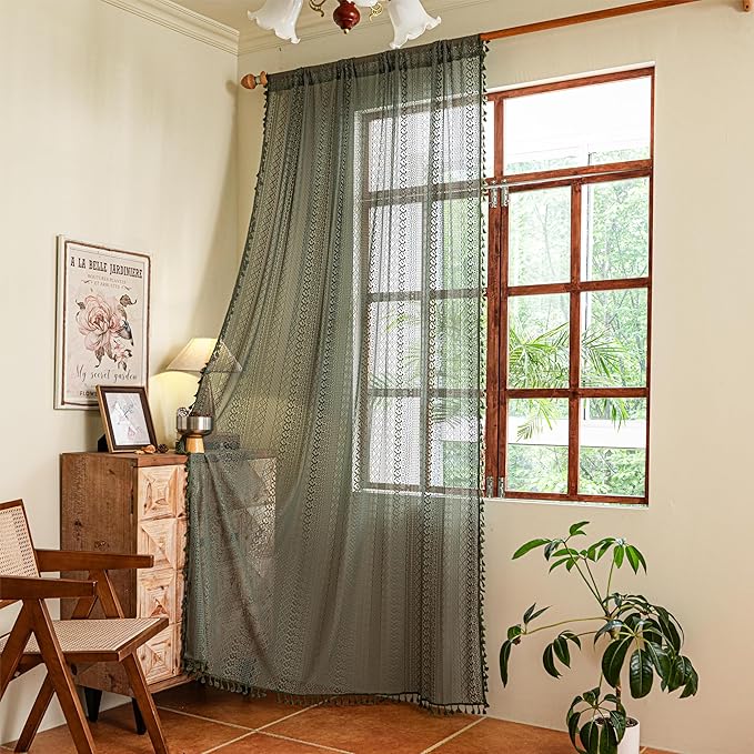 Sutuo Home Boho Curtains for Bedroom Living Room 72 inches Long, Crochet Lace Sheer Bohemian Hollow Knitted with Tassels, Privacy Vintage Farmhouse, Rod Pocket 1 Panel 59" W x 72" L,Olive Green