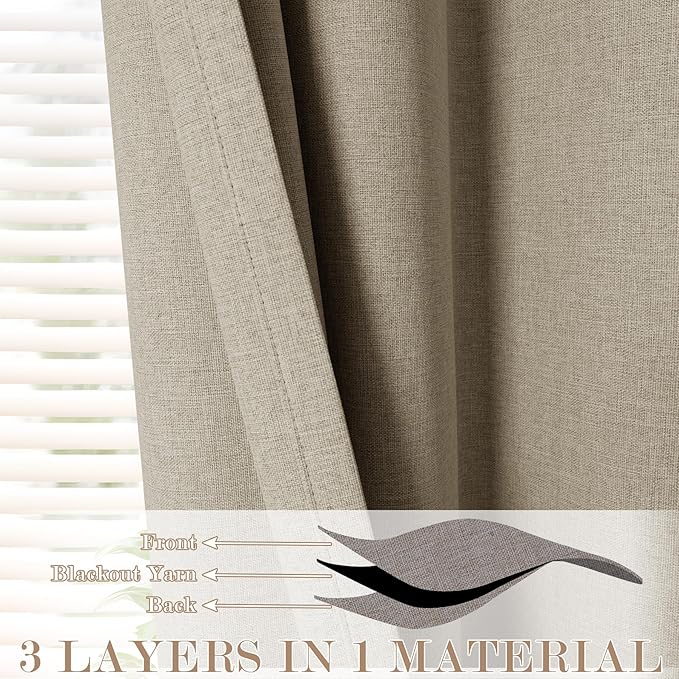 100% Blackout Linen Textured Drapes for Bedroom Pinch Pleated Curtains for Track System Portable Drapery for Sliding Glass Door/Storage/Space Room Divider, 70" Wx102 L, 1 PC, Light Khaki