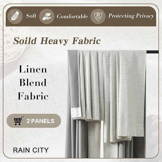 RAIN CITY Extra Wide Linen Blackout Curtains for Track System,Back Tab 70 Inch Wide Pleaetd Drapes with Hooks 2 Panels Modern Farmhouse Room Divider Curtains for Patio Sliding Door Living Room 96L