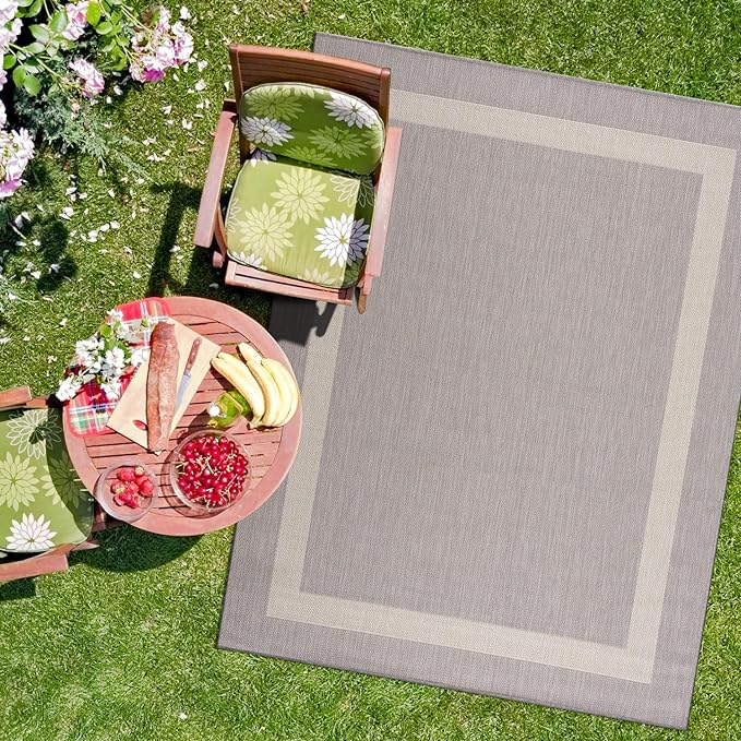 CAMILSON Outdoor Rug 5x7,Modern Outside Rugs for Patios Porches Waterproof Durable Washable Non-Shedding, Easy-to-Clean Indoor Outdoor Area Carpet (5 x 7, Bordered - Gray/White)