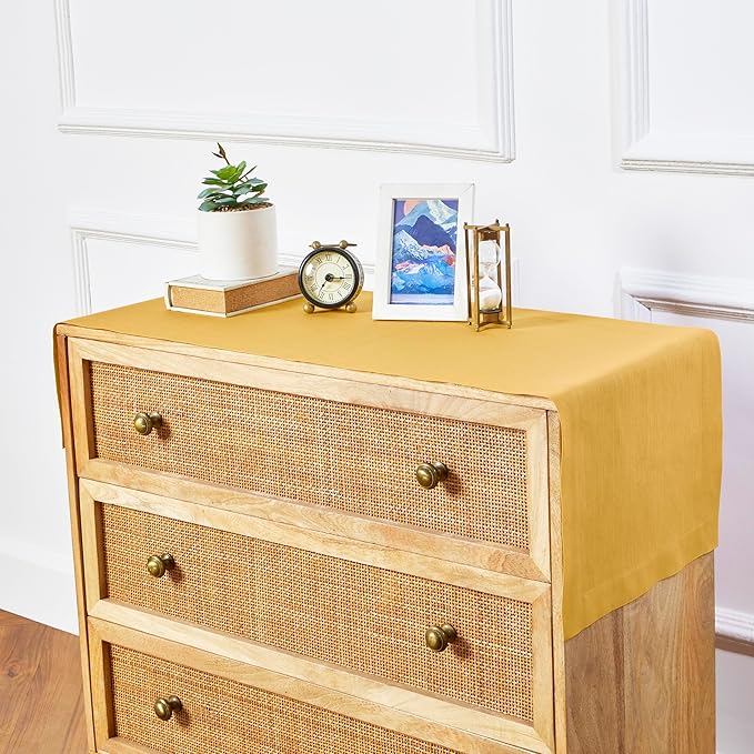 Solino Home Linen Mustard Yellow Table Runner 60 Inches - 100% Pure Linen Farmhouse Short Table Runner 14 x 60 Inch Ideal for Dresser and Coffee Tables - Fete
