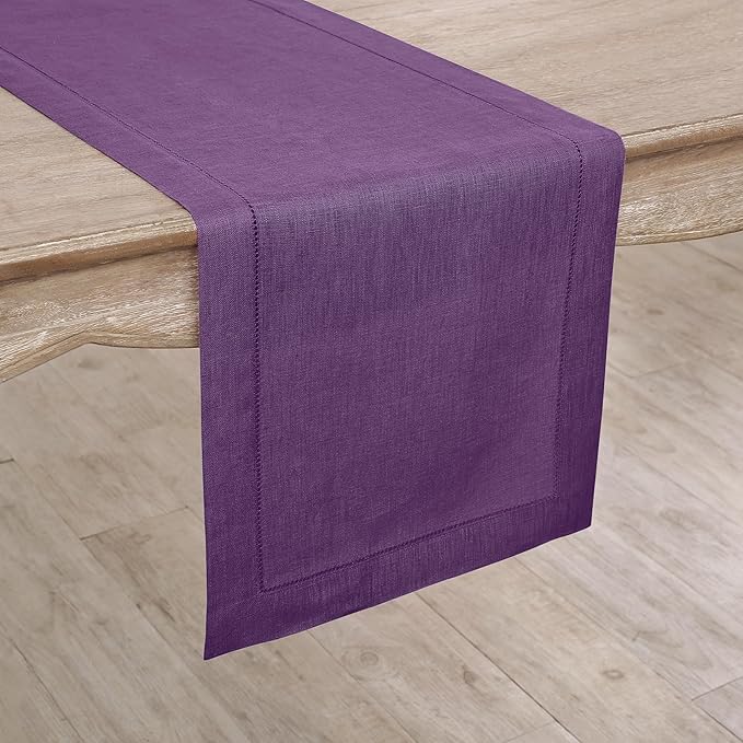Solino Home Linen Table Runner 120 Inches Long - Classic Hemstitch 100% Pure Linen Purple Dining Table Runner 14 x 120 Inch for Fall, Autumn, Halloween, Thanksgiving