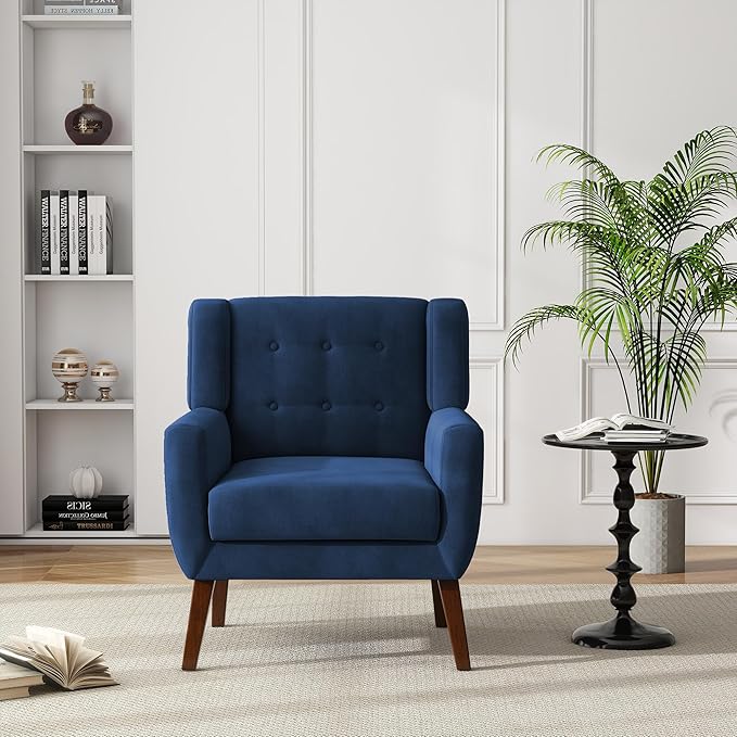 UIXE Accent Chair, Velvet Upholstered Armchair for Living Room, Modern Club Arm Chairs Comfy Single Sofa Button Tufted Bedroom Reading Seat - Royal Blue, Set of 4
