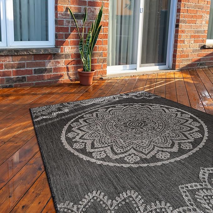CAMILSON Outdoor Rug 5x7 Modern Area Rugs for Indoor and Outdoor Patios and Porches - Waterproof Washable Non-Shedding Easy-to-Clean Outside Carpet (5 x 7, Medallion - Dark Grey/Light Grey)